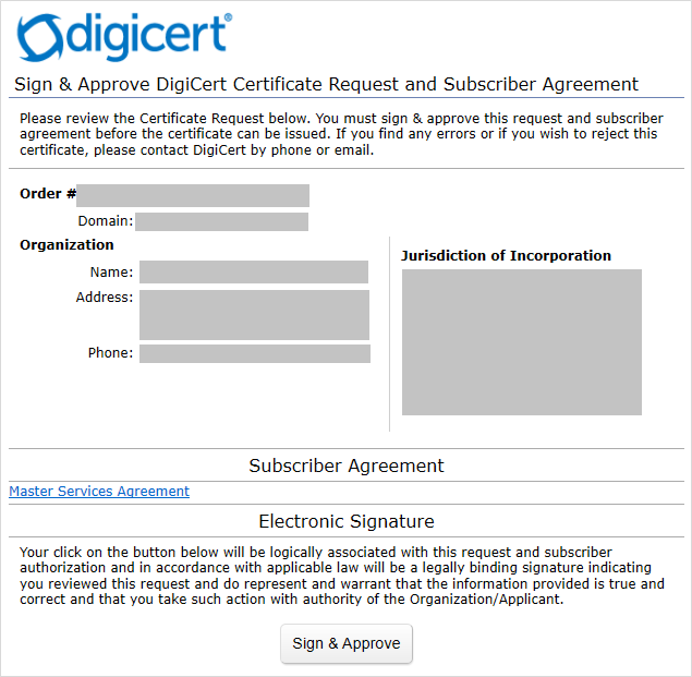 Digicert 証明書発行に関わる承認確認依頼 という件名のeメールを受信しました